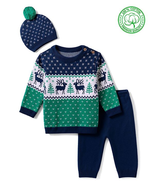 Babyhug 100% Cotton Knit Full Sleeves Deer Design Sweater Set with Cap - Navy Blue