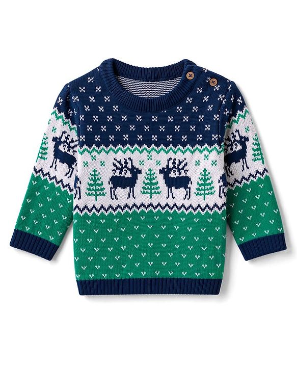 Babyhug 100% Cotton Knit Full Sleeves Deer Design Sweater Set with Cap - Navy Blue