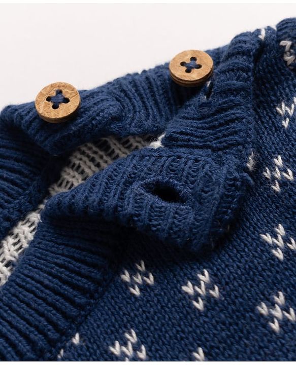 Babyhug 100% Cotton Knit Full Sleeves Deer Design Sweater Set with Cap - Navy Blue