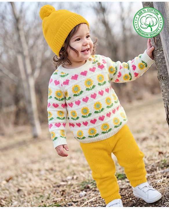 Babyhug Cotton Natural Knit Full Sleeves Pullover & Pant Sweater Set and Cap with Pom Pom with Sunflower Hearts All Over Design - White, Yellow