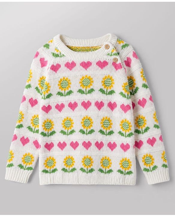 Babyhug Cotton Natural Knit Full Sleeves Pullover & Pant Sweater Set and Cap with Pom Pom with Sunflower Hearts All Over Design - White, Yellow