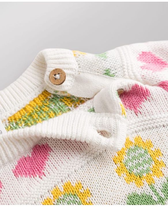 Babyhug Cotton Natural Knit Full Sleeves Pullover & Pant Sweater Set and Cap with Pom Pom with Sunflower Hearts All Over Design - White, Yellow
