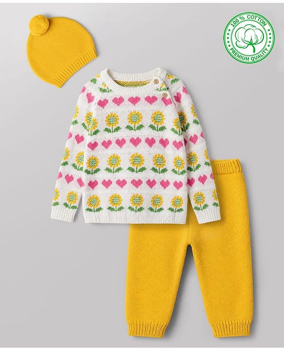 Babyhug Cotton Natural Knit Full Sleeves Pullover & Pant Sweater Set and Cap with Pom Pom with Sunflower Hearts All Over Design - White, Yellow