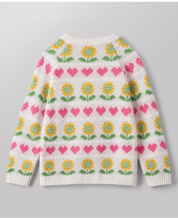 Babyhug Cotton Natural Knit Full Sleeves Pullover & Pant Sweater Set and Cap with Pom Pom with Sunflower Hearts All Over Design - White, Yellow