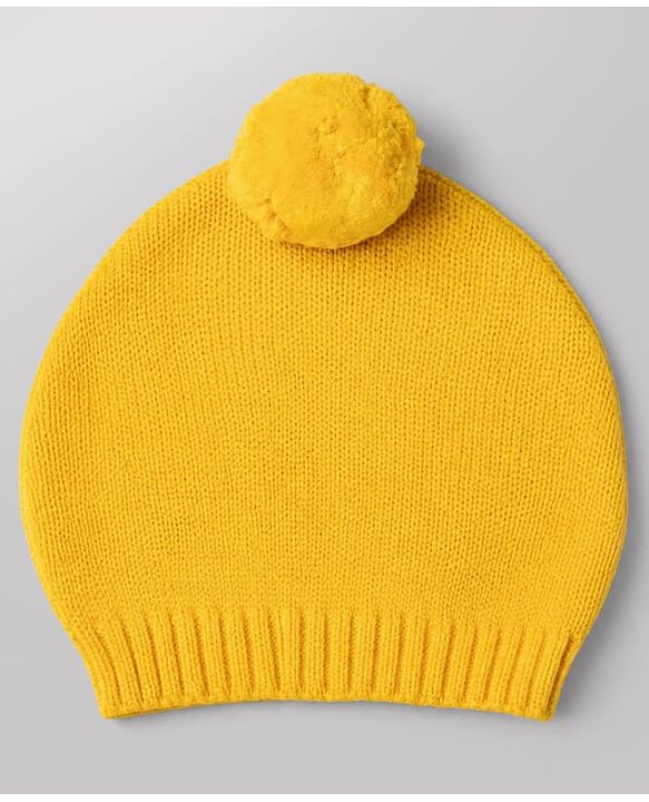 Babyhug Cotton Natural Knit Full Sleeves Pullover & Pant Sweater Set and Cap with Pom Pom with Sunflower Hearts All Over Design - White, Yellow