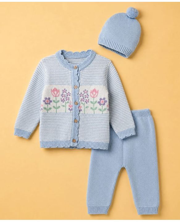 Babyhug Knit Full Sleeves Sweater Set With Floral Design & Cap - Blue