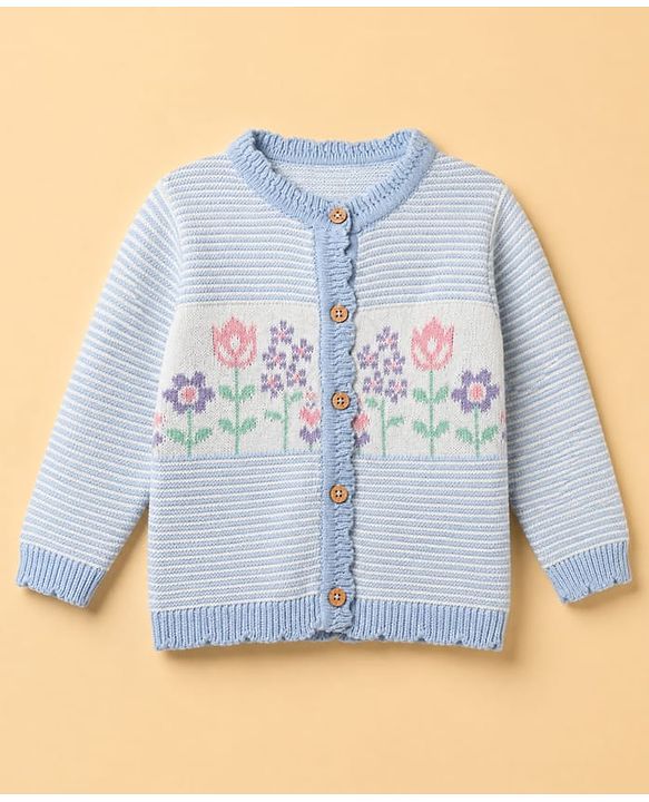 Babyhug Knit Full Sleeves Sweater Set With Floral Design & Cap - Blue