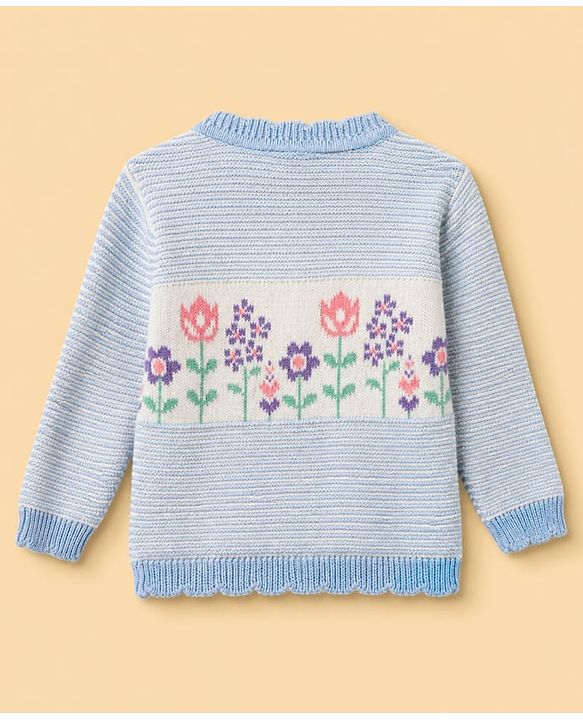 Babyhug Knit Full Sleeves Sweater Set With Floral Design & Cap - Blue