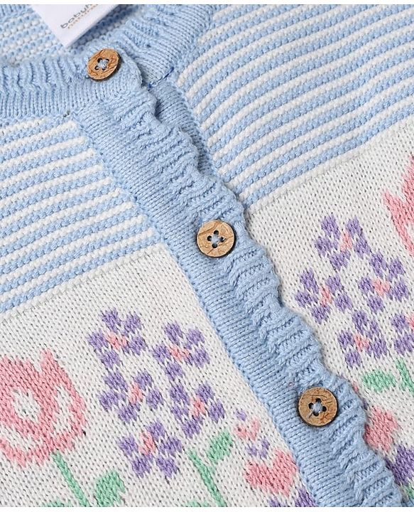 Babyhug Knit Full Sleeves Sweater Set With Floral Design & Cap - Blue