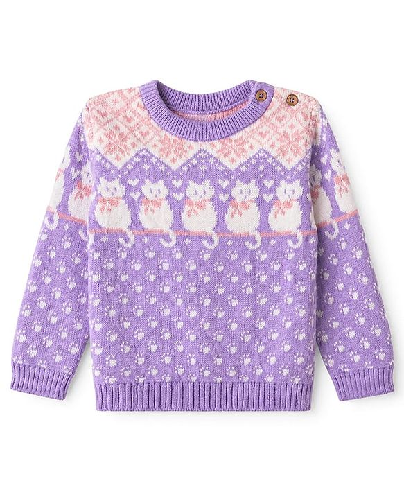 Babyhug 100% Cotton Knit Full Sleeves Sweater Sets and Cap with Cat Design - Lavender