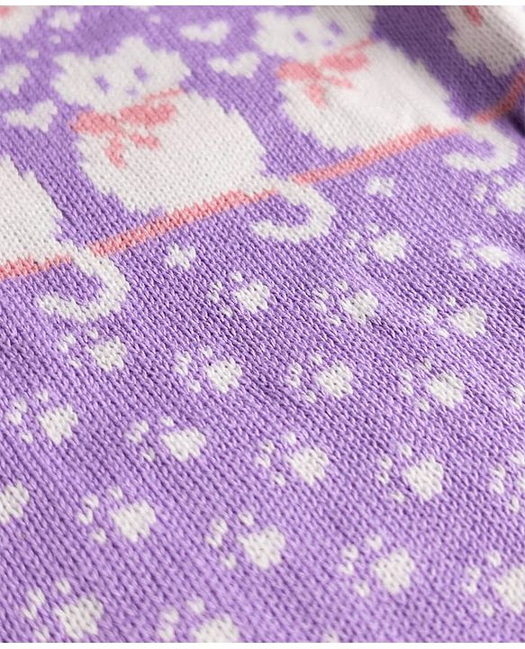 Babyhug 100% Cotton Knit Full Sleeves Sweater Sets and Cap with Cat Design - Lavender