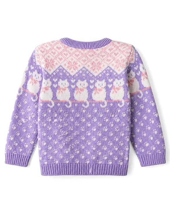 Babyhug 100% Cotton Knit Full Sleeves Sweater Sets and Cap with Cat Design - Lavender