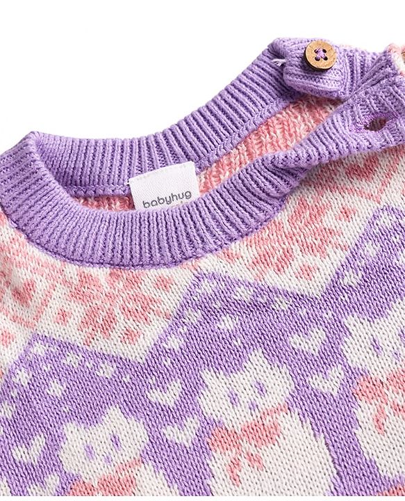 Babyhug 100% Cotton Knit Full Sleeves Sweater Sets and Cap with Cat Design - Lavender