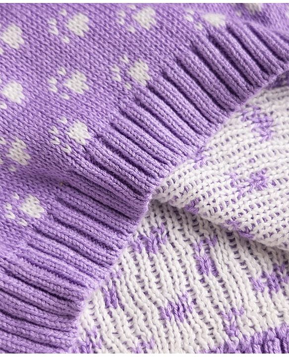 Babyhug 100% Cotton Knit Full Sleeves Sweater Sets and Cap with Cat Design - Lavender