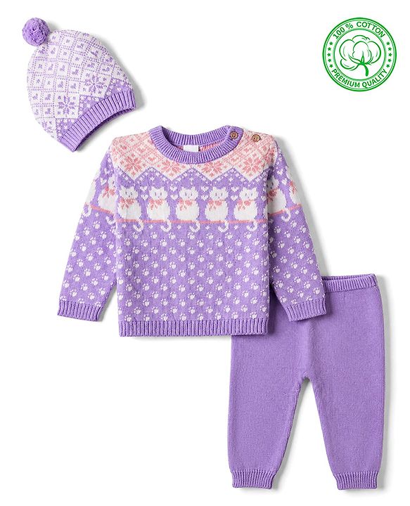 Babyhug 100% Cotton Knit Full Sleeves Sweater Sets and Cap with Cat Design - Lavender