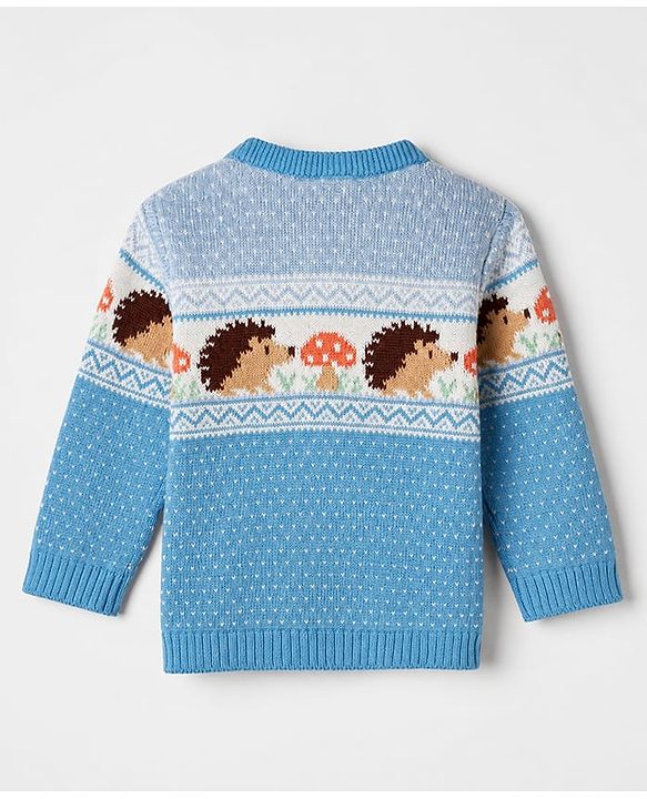 Babyhug Cotton Knit Full Sleeves Sweater Set with Cap & Hedgehog Design in Blue