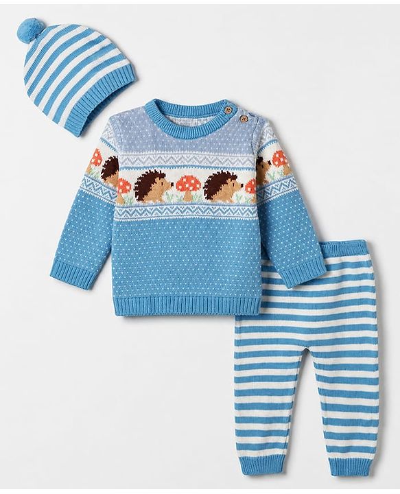 Babyhug Cotton Knit Full Sleeves Sweater Set with Cap & Hedgehog Design in Blue
