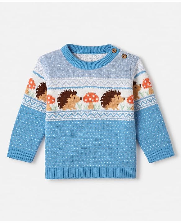 Babyhug Cotton Knit Full Sleeves Sweater Set with Cap & Hedgehog Design in Blue