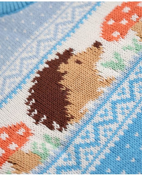 Babyhug Cotton Knit Full Sleeves Sweater Set with Cap & Hedgehog Design in Blue