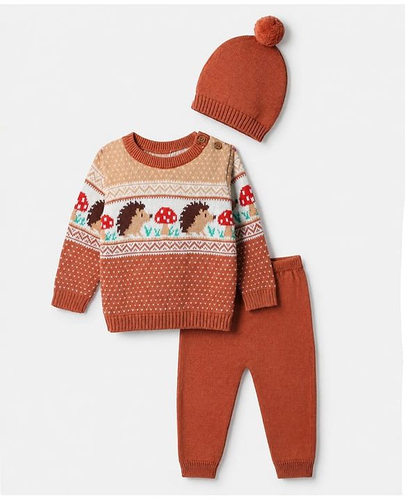 Babyhug Cotton Knit Sweater Set with Cap and Full Sleeves with Hedgehog Mushroom Cable Knit Design - Light Brown