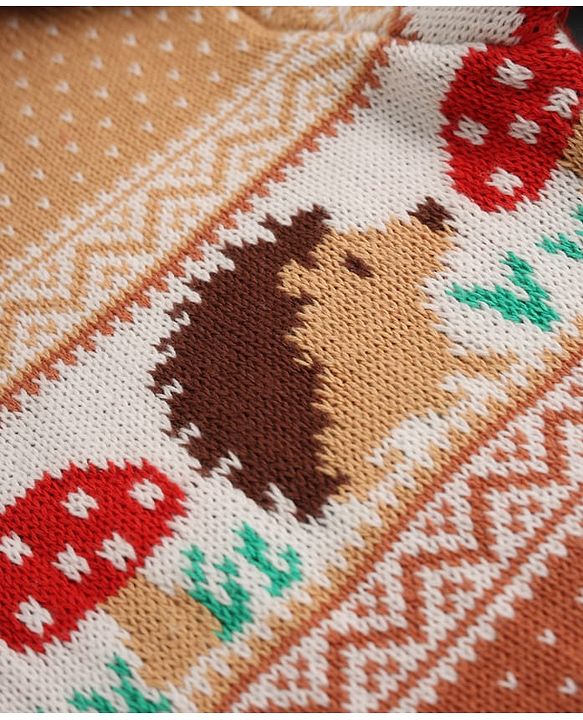 Babyhug Cotton Knit Sweater Set with Cap and Full Sleeves with Hedgehog Mushroom Cable Knit Design - Light Brown