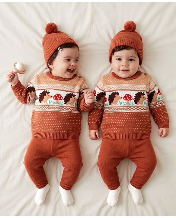 Babyhug Cotton Knit Sweater Set with Cap and Full Sleeves with Hedgehog Mushroom Cable Knit Design - Light Brown