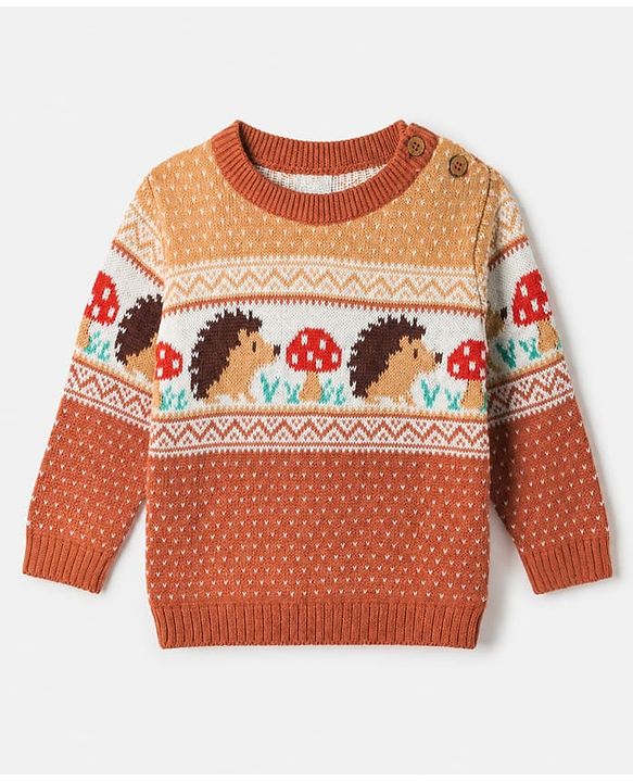 Babyhug Cotton Knit Sweater Set with Cap and Full Sleeves with Hedgehog Mushroom Cable Knit Design - Light Brown