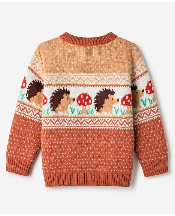 Babyhug Cotton Knit Sweater Set with Cap and Full Sleeves with Hedgehog Mushroom Cable Knit Design - Light Brown