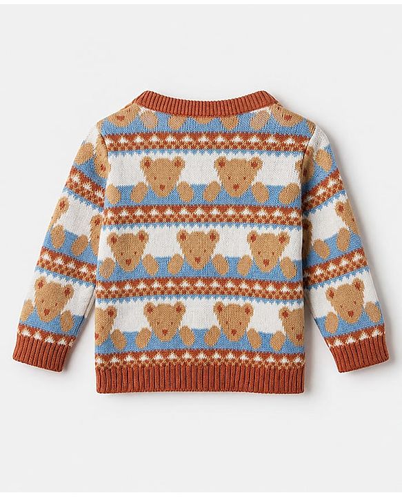 Babyhug Cotton Knit Full Sleeves Sweater Pants and Cap with Bear Design in Sky Blue & Light Brown