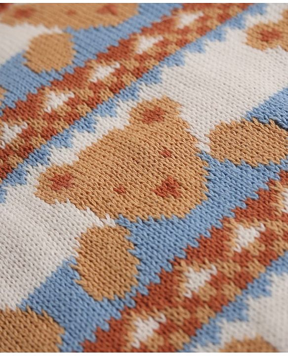 Babyhug Cotton Knit Full Sleeves Sweater Pants and Cap with Bear Design in Sky Blue & Light Brown