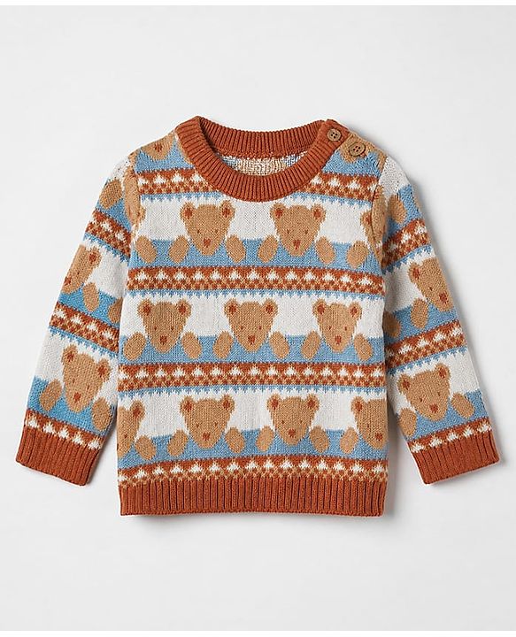 Babyhug Cotton Knit Full Sleeves Sweater Pants and Cap with Bear Design in Sky Blue & Light Brown