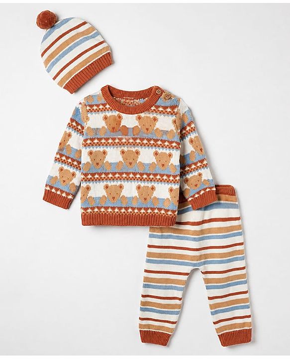 Babyhug Cotton Knit Full Sleeves Sweater Pants and Cap with Bear Design in Sky Blue & Light Brown