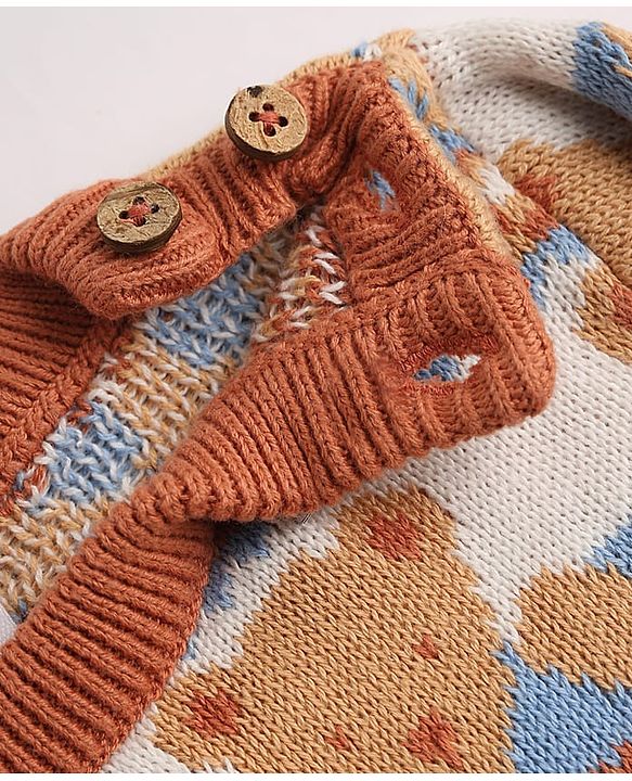 Babyhug Cotton Knit Full Sleeves Sweater Pants and Cap with Bear Design in Sky Blue & Light Brown