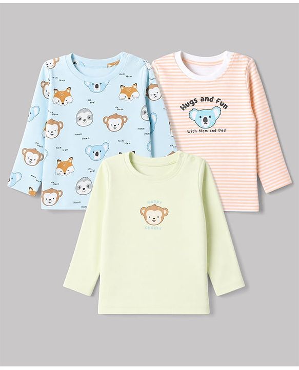Babyhug 100% Cotton Interlock Knit Full Sleeves T-Shirts with Fox, Monkey & Koala Print in Sky Blue, Light Pink & Offwhite