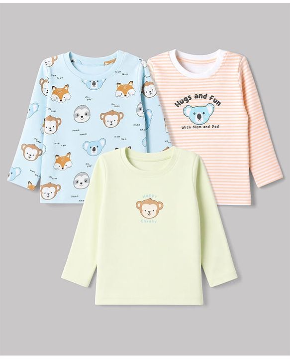 Babyhug 100% Cotton Interlock Knit Full Sleeves T-Shirts with Fox, Monkey & Koala Print in Sky Blue, Light Pink & Offwhite