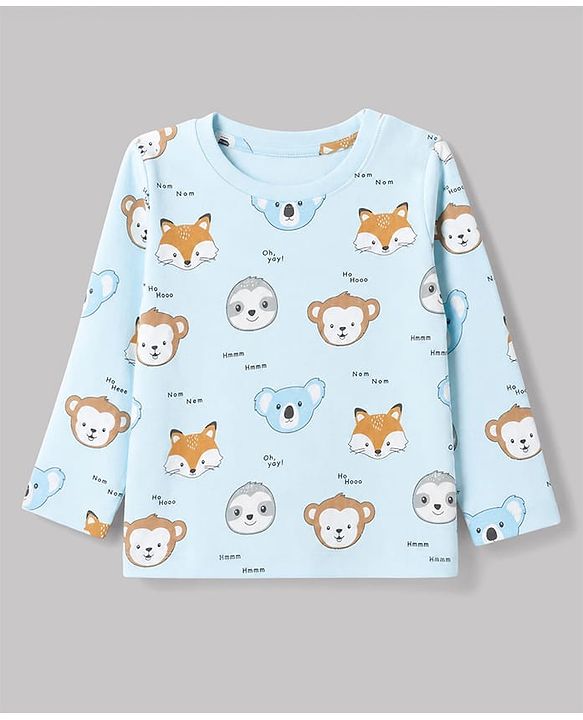 Babyhug 100% Cotton Interlock Knit Full Sleeves T-Shirts with Fox, Monkey & Koala Print in Sky Blue, Light Pink & Offwhite