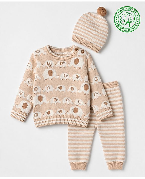Babyhug Cotton Sweater Set with Cap and Full Sleeves with Stripes & Elephant Cable Knit Design - Ivory
