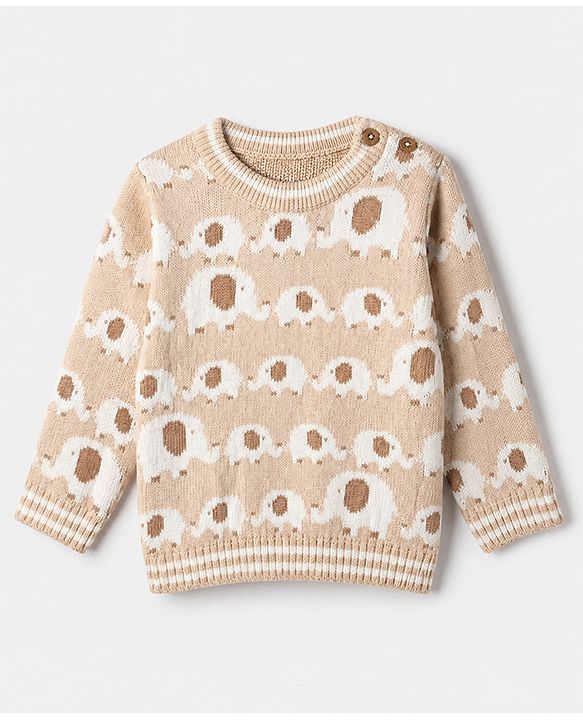 Babyhug Cotton Sweater Set with Cap and Full Sleeves with Stripes & Elephant Cable Knit Design - Ivory