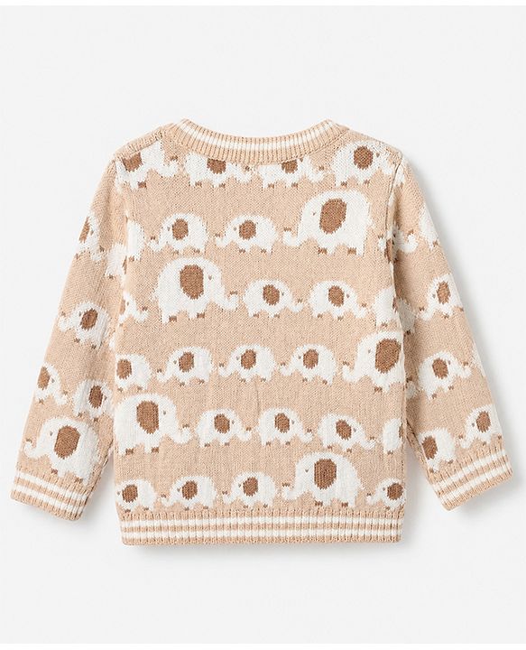 Babyhug Cotton Sweater Set with Cap and Full Sleeves with Stripes & Elephant Cable Knit Design - Ivory