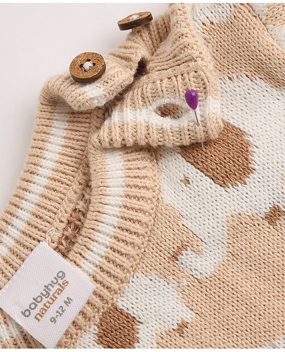 Babyhug Cotton Sweater Set with Cap and Full Sleeves with Stripes & Elephant Cable Knit Design - Ivory