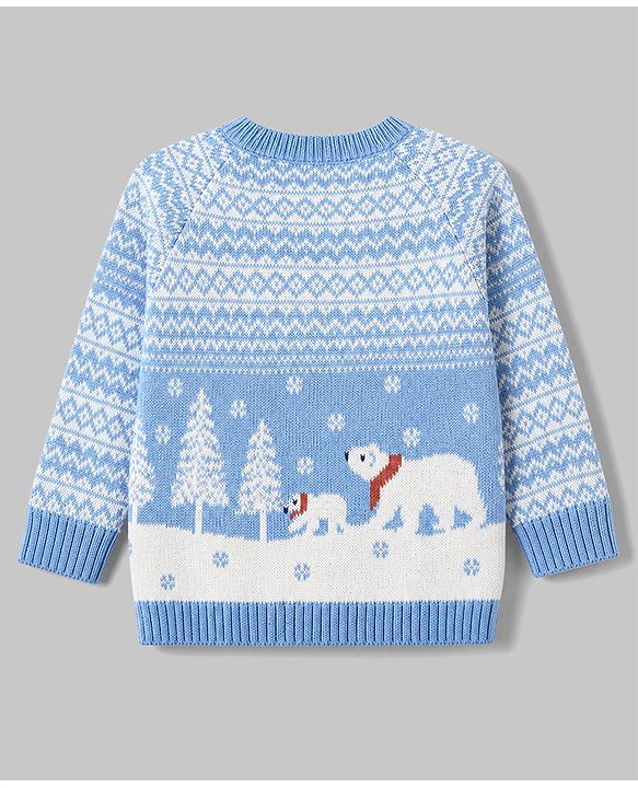 Babyhug Cotton Knit Full Sleeves Sweater Sets with Polar Bear Design and Cap - Blue