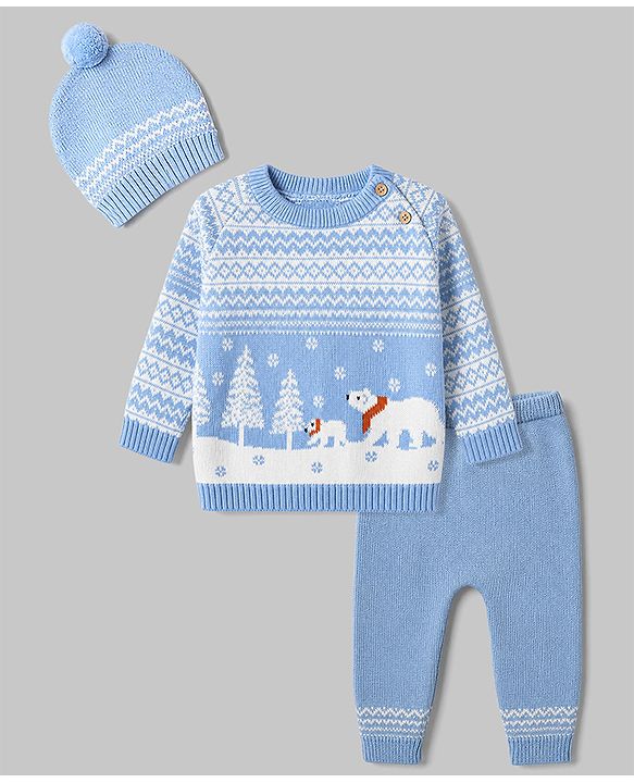 Babyhug Cotton Knit Full Sleeves Sweater Sets with Polar Bear Design and Cap - Blue
