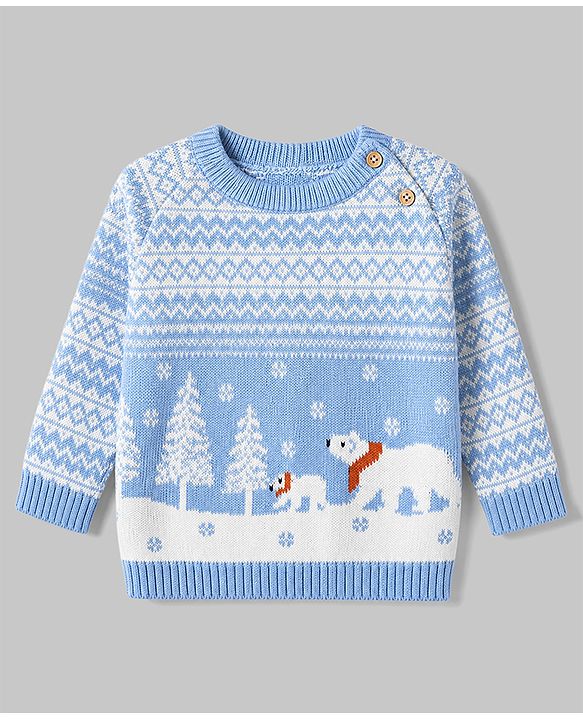 Babyhug Cotton Knit Full Sleeves Sweater Sets with Polar Bear Design and Cap - Blue