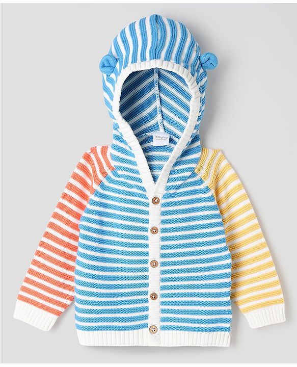Babyhug Cotton Knit Front Open Sweater with Full Sleeves, Raglan Sleeves and Striped Print in Light/Sky Blue for 3-6 Months