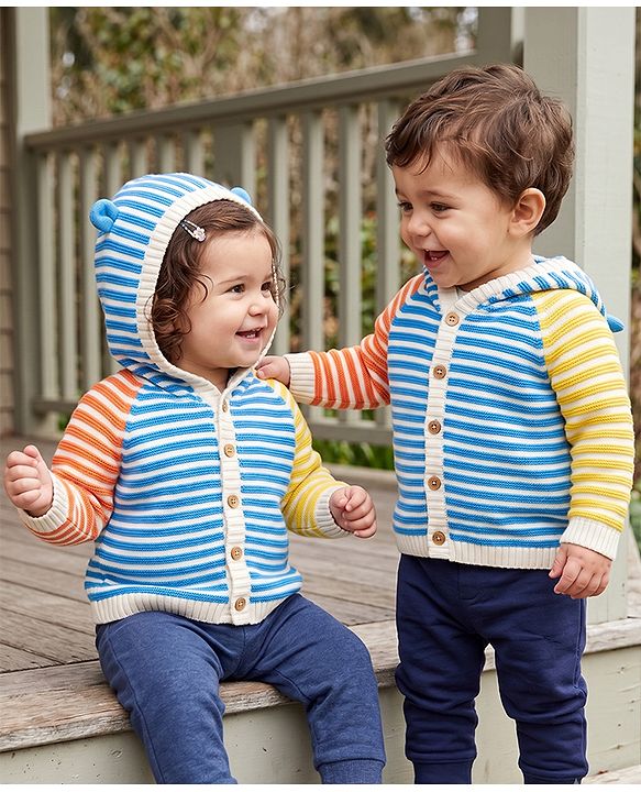 Babyhug Cotton Knit Front Open Sweater with Full Sleeves, Raglan Sleeves and Striped Print in Light/Sky Blue for 3-6 Months