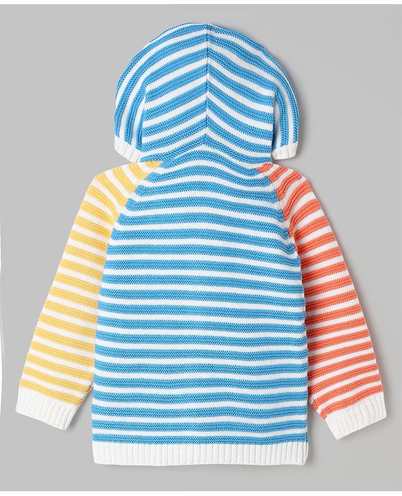 Babyhug Cotton Knit Front Open Sweater with Full Sleeves, Raglan Sleeves and Striped Print in Light/Sky Blue for 3-6 Months