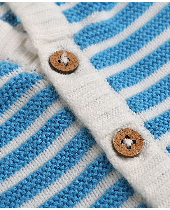 Babyhug Cotton Knit Front Open Sweater with Full Sleeves, Raglan Sleeves and Striped Print in Light/Sky Blue for 3-6 Months