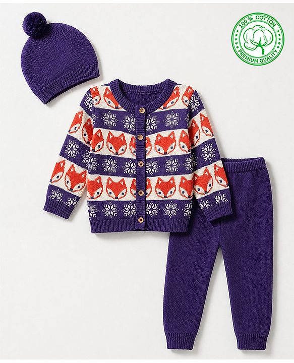 Babyhug 100% Cotton Knit Full Sleeves Sweater Set with Cap & Fox Design - Purple