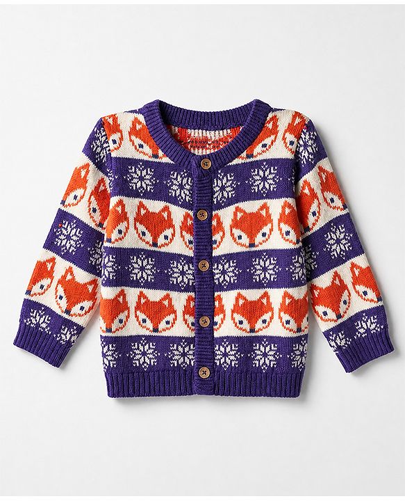 Babyhug 100% Cotton Knit Full Sleeves Sweater Set with Cap & Fox Design - Purple