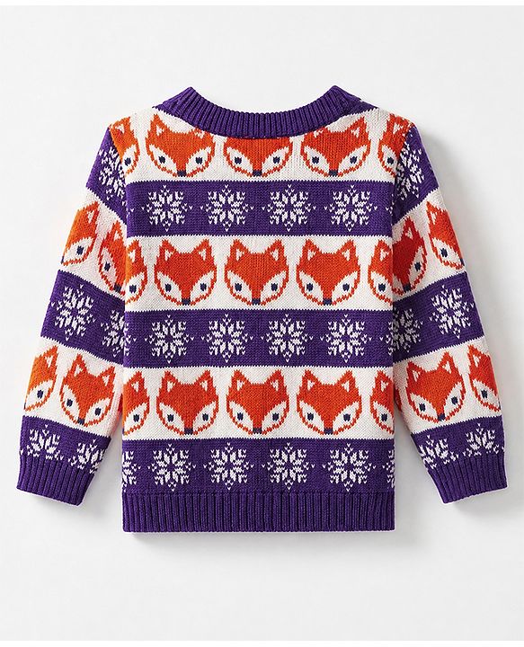 Babyhug 100% Cotton Knit Full Sleeves Sweater Set with Cap & Fox Design - Purple